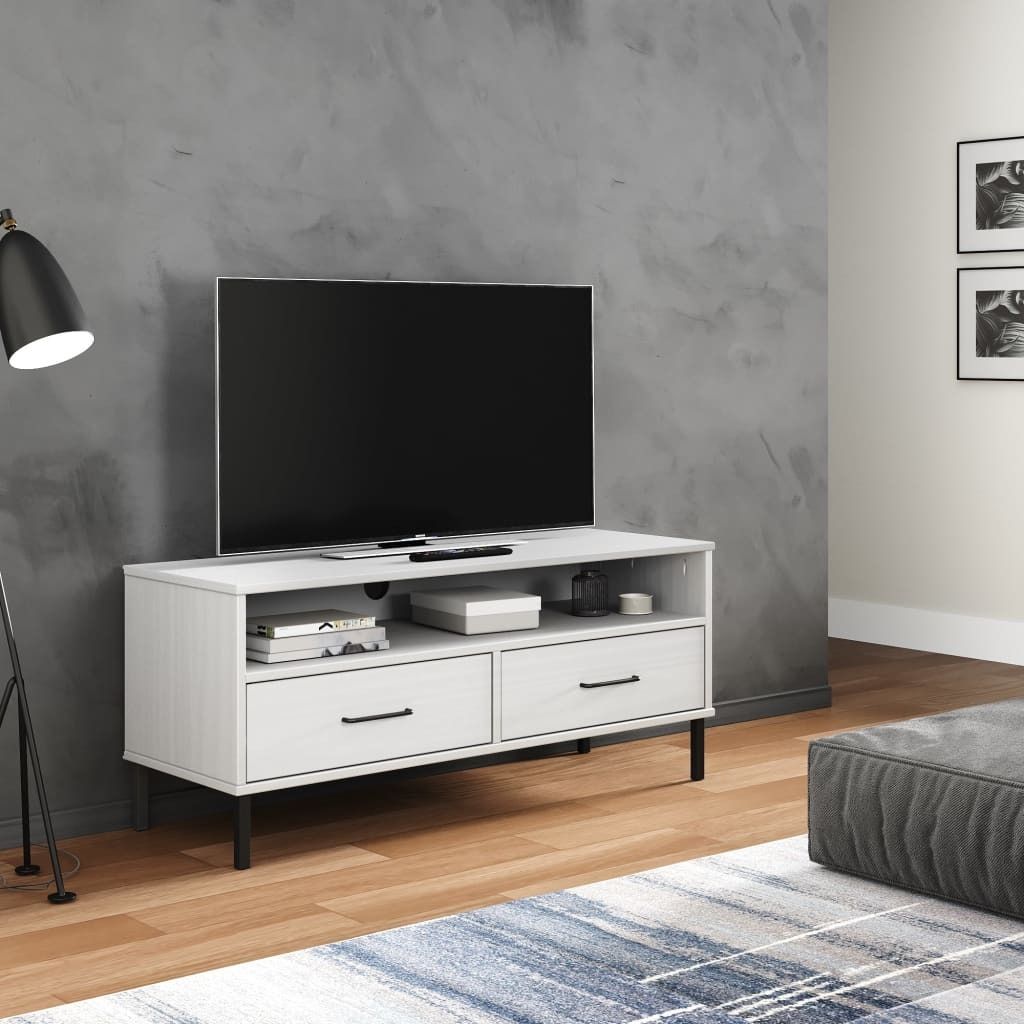 The Living Store TV-Schrank OSLO mit Metallbeinen Weiß Massivholz Kiefer