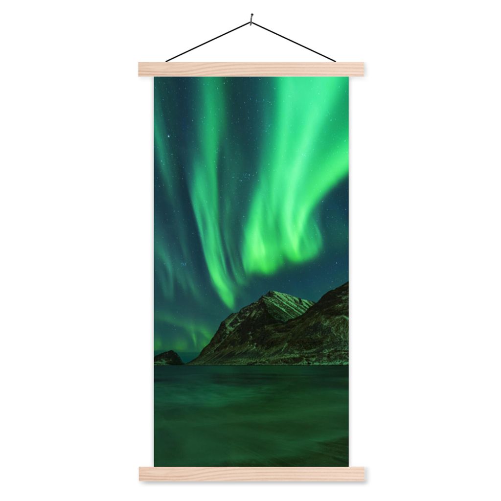 MuchoWow Textilposter Nordlichter - Sternenhimmel - Norwegen 40x80 cm mit holzfarbenen Rahmen - Wohnzimmer