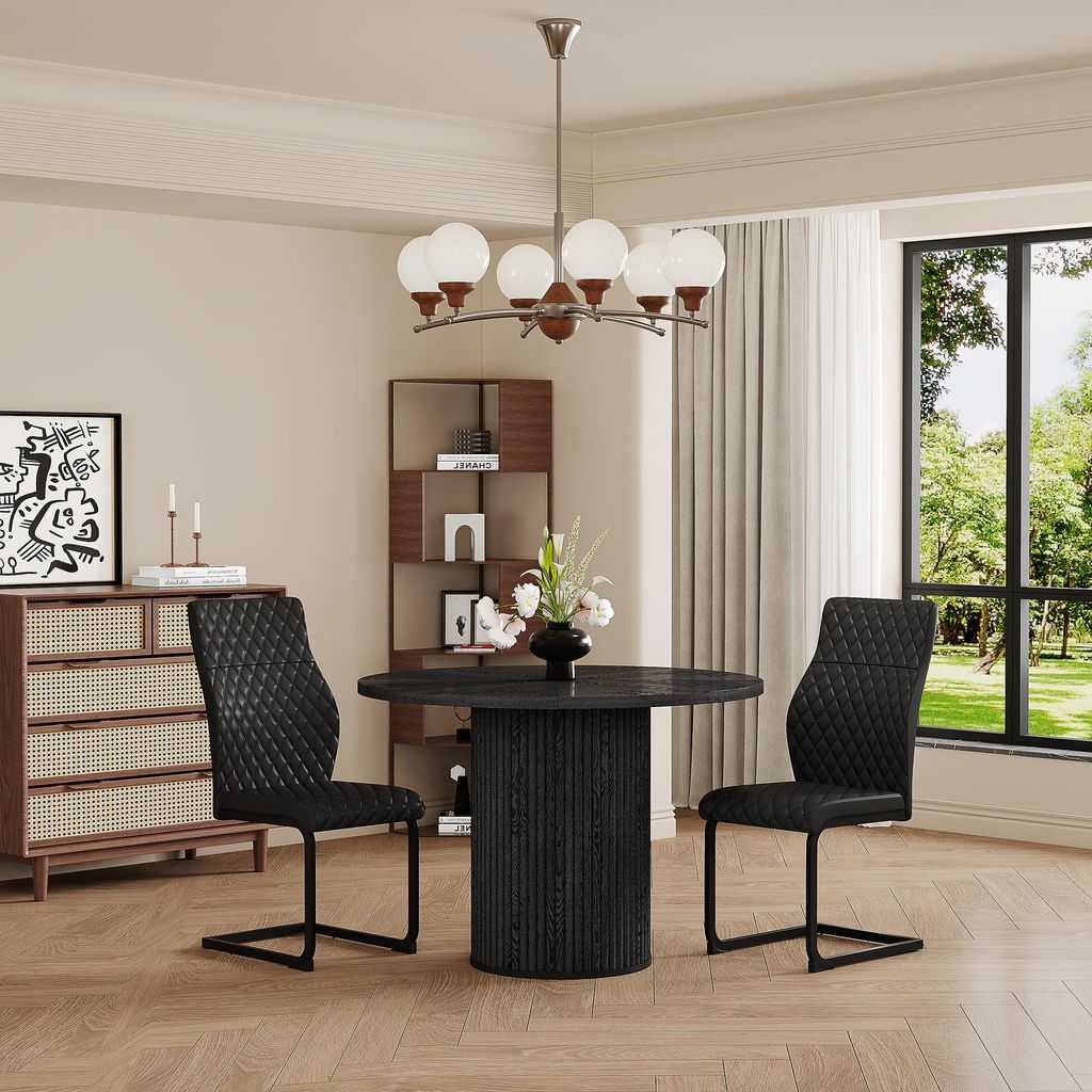 Esstisch-Set Rund Ø 100 cm Schwarz mit 2 Polsterstühlen moderne Sitzgruppe Essgruppe MDF-Tischplatte Küchentisch mit Rautensteppung hochwertig &...