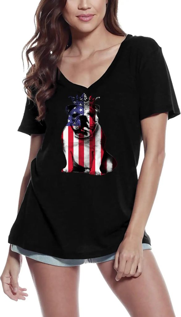 Damen Grafik T-Shirt V-Ausschnitt Dog Us Flag Öko-Verantwortlich Vintage Jahrgang Kurzarm Lustige Druck Geburtstag Geschenk Frau