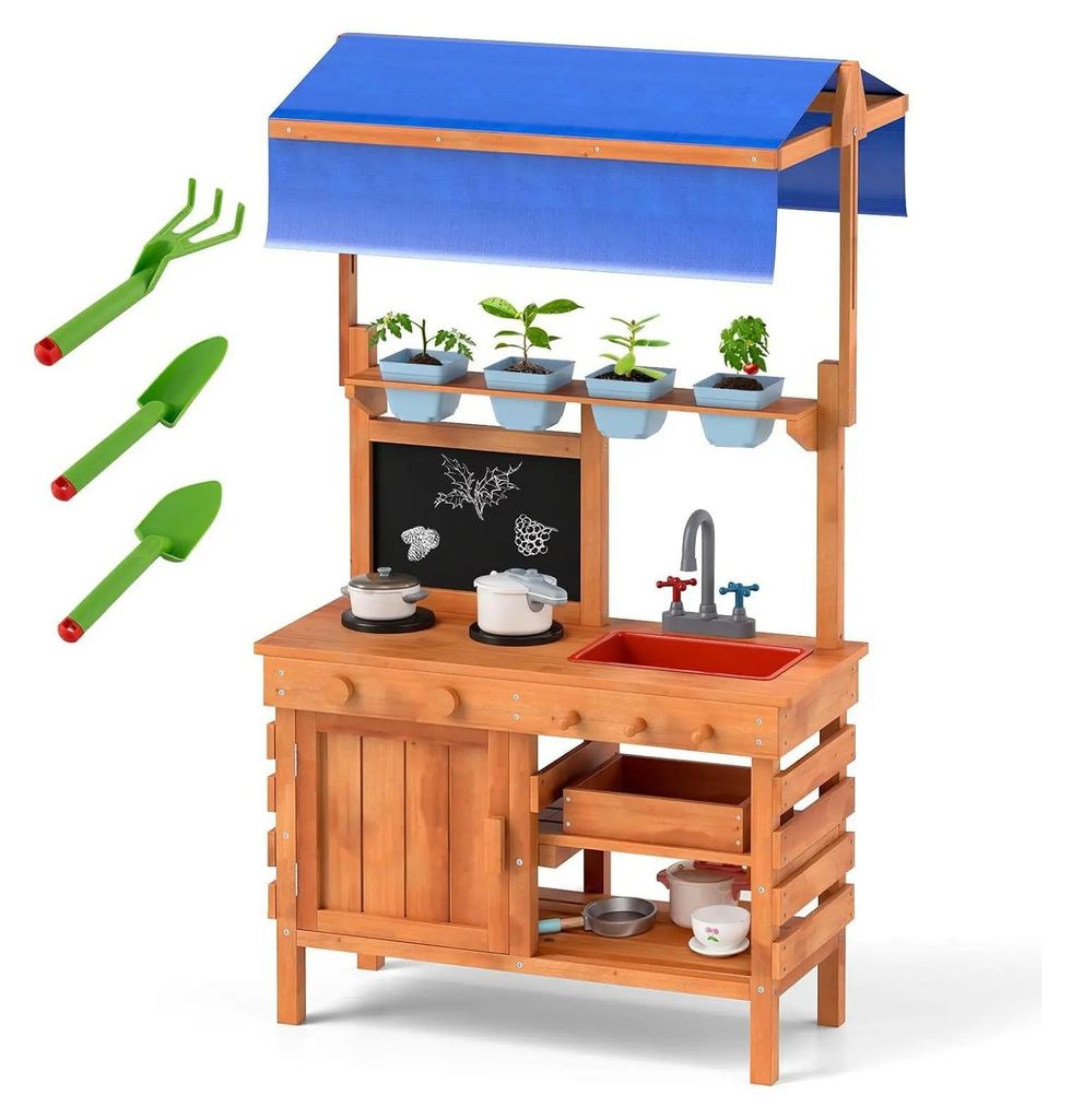 Outdoor Matschküche für Kinder - Spielküche - Sonnendach, Herd & Spülbecken, Schublade, Pflanzbecher & Schaufeln, Holz, 3–6 Jahre - Blau