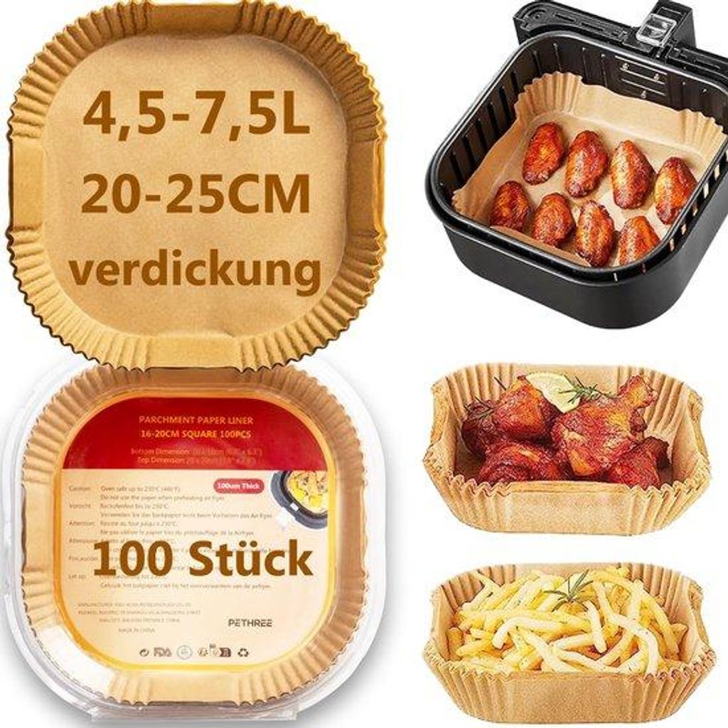 XXL Airfryer Backpapier 20-25cm, 100 Stück, BPA-frei, verdickt, quadratisch