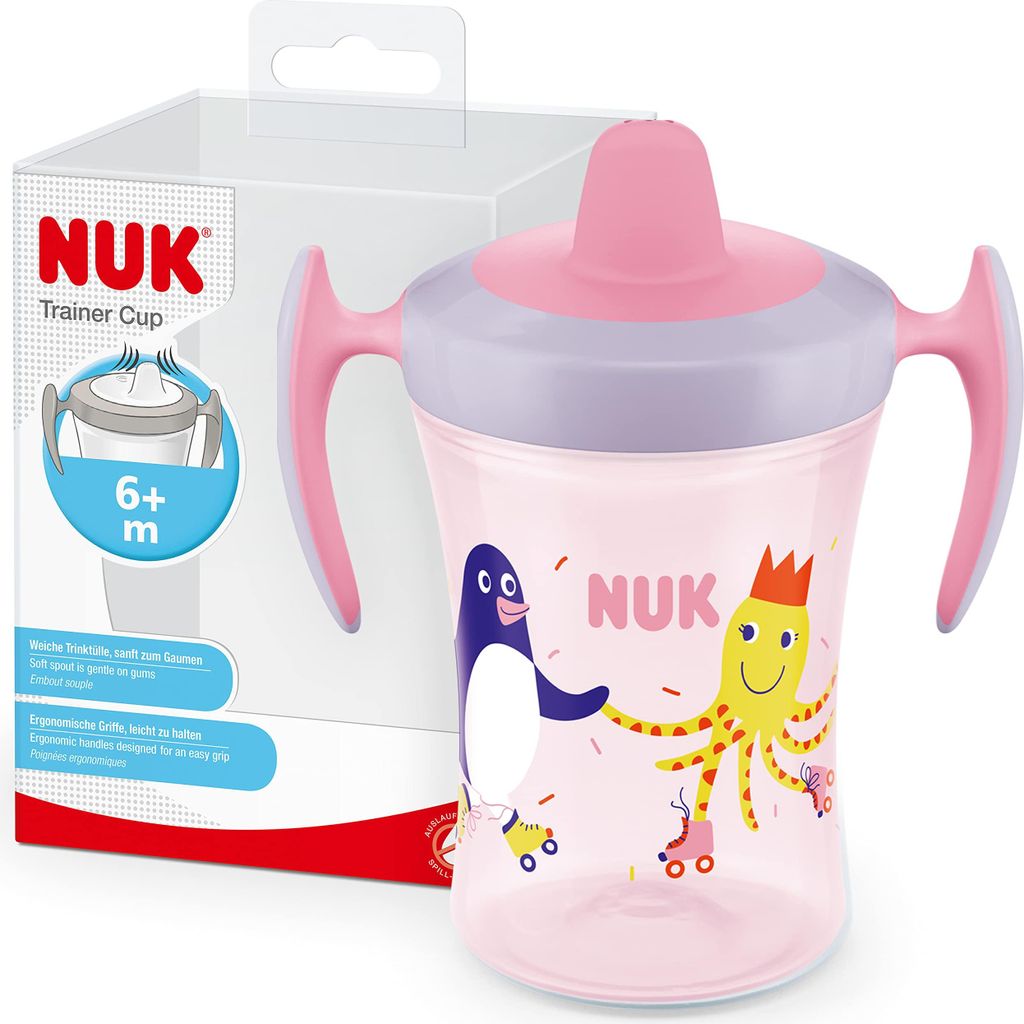 NUK Trainer Cup Trinklernbecher, auslaufsicherer Becher mit weichem Trinkschnabel & ergonomischen Griffen, 6+ Monate, 230 ml, -frei, rosa Pinguin P...