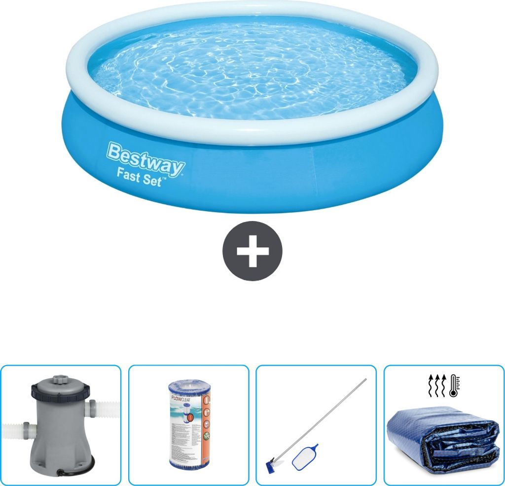 Bestway runder aufblasbarer Fast-Set-Schwimmpool – 366 x 76 cm – Blau – inklusive Pumpe Filter - Reinigungskit - Sonnensegel