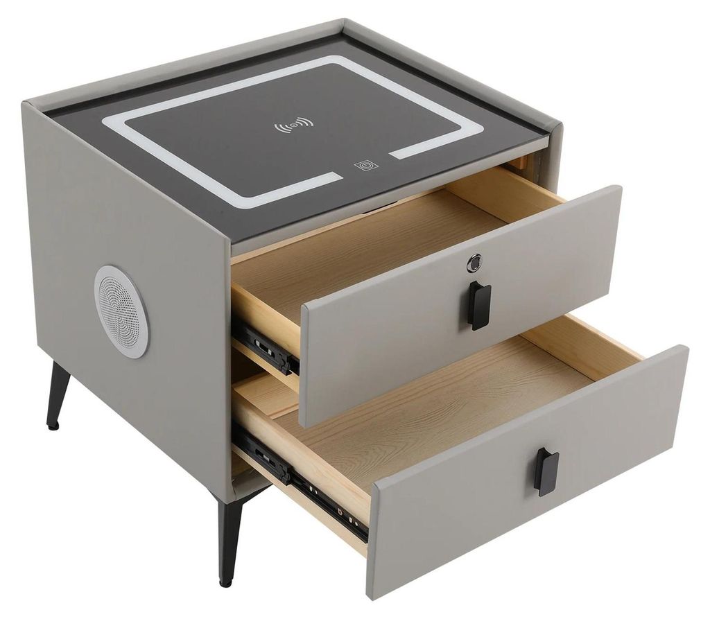 Smart Nachttisch - Nachtschrank mit Bluetooth - LED-Beleuchtung - USB- und kabellose Ladestation - 2 Schubladen - 50x40x46 cm - Hellgrau