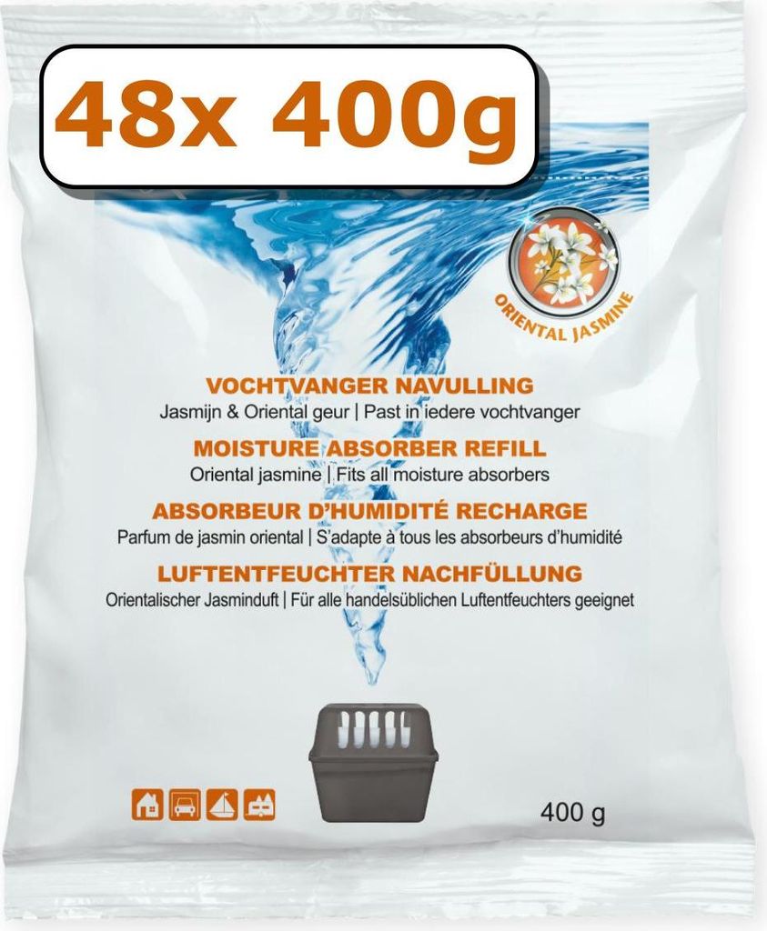 48x Luftentfeuchter Nachfüllung - 400 Gramm - jasminduft - Granulat im Vliesbeutel - Feuchtigkeit Absorber Nachfüllpack