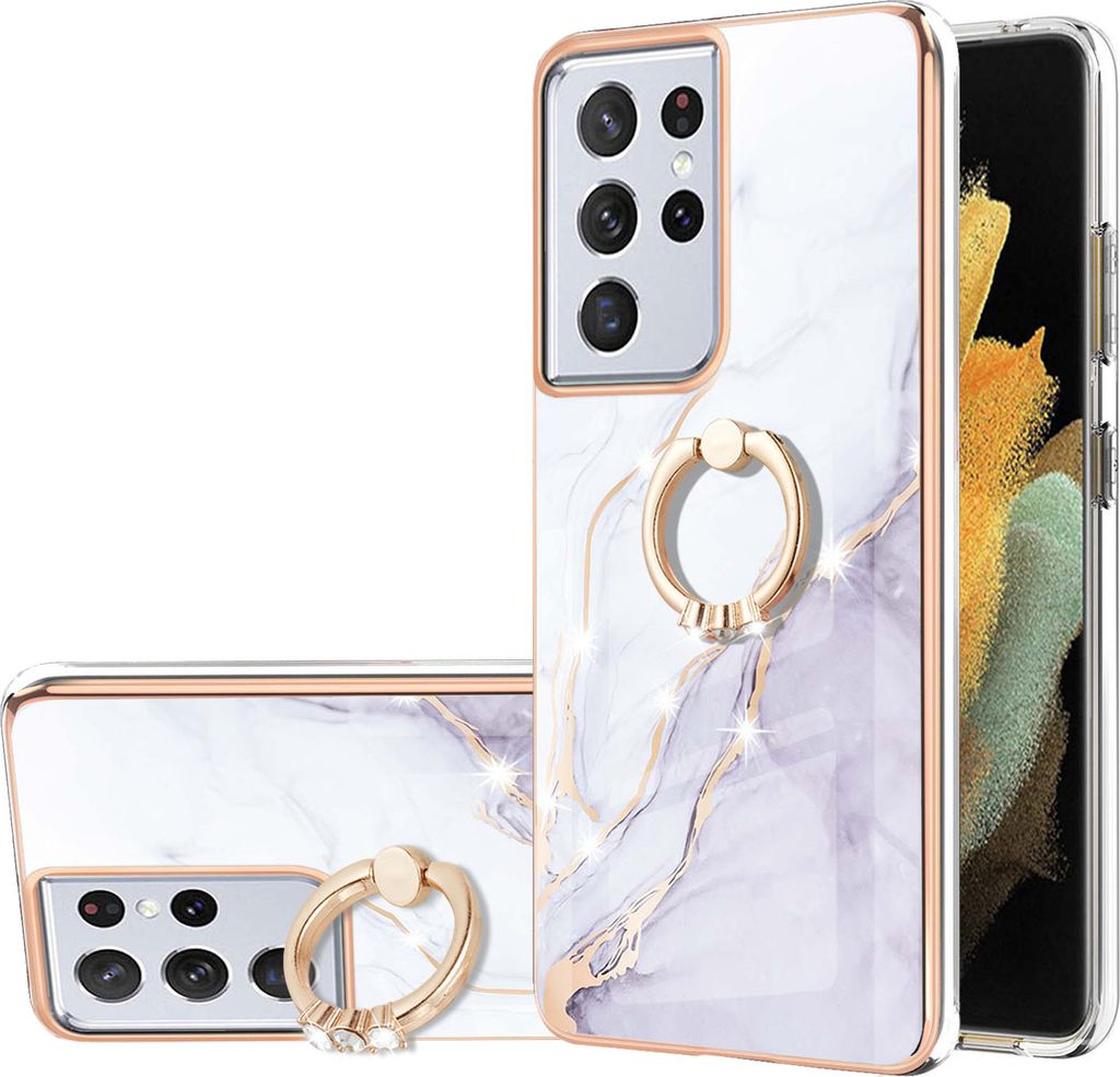 Galaxy S21 Ultra 5G Marmor Handyhülle mit 360 Grad Ring Ständer Ultra Dünn Soft TPU Bumper Anti-kratzt Schutzhülle für Samsung Galaxy S21 Ultr...