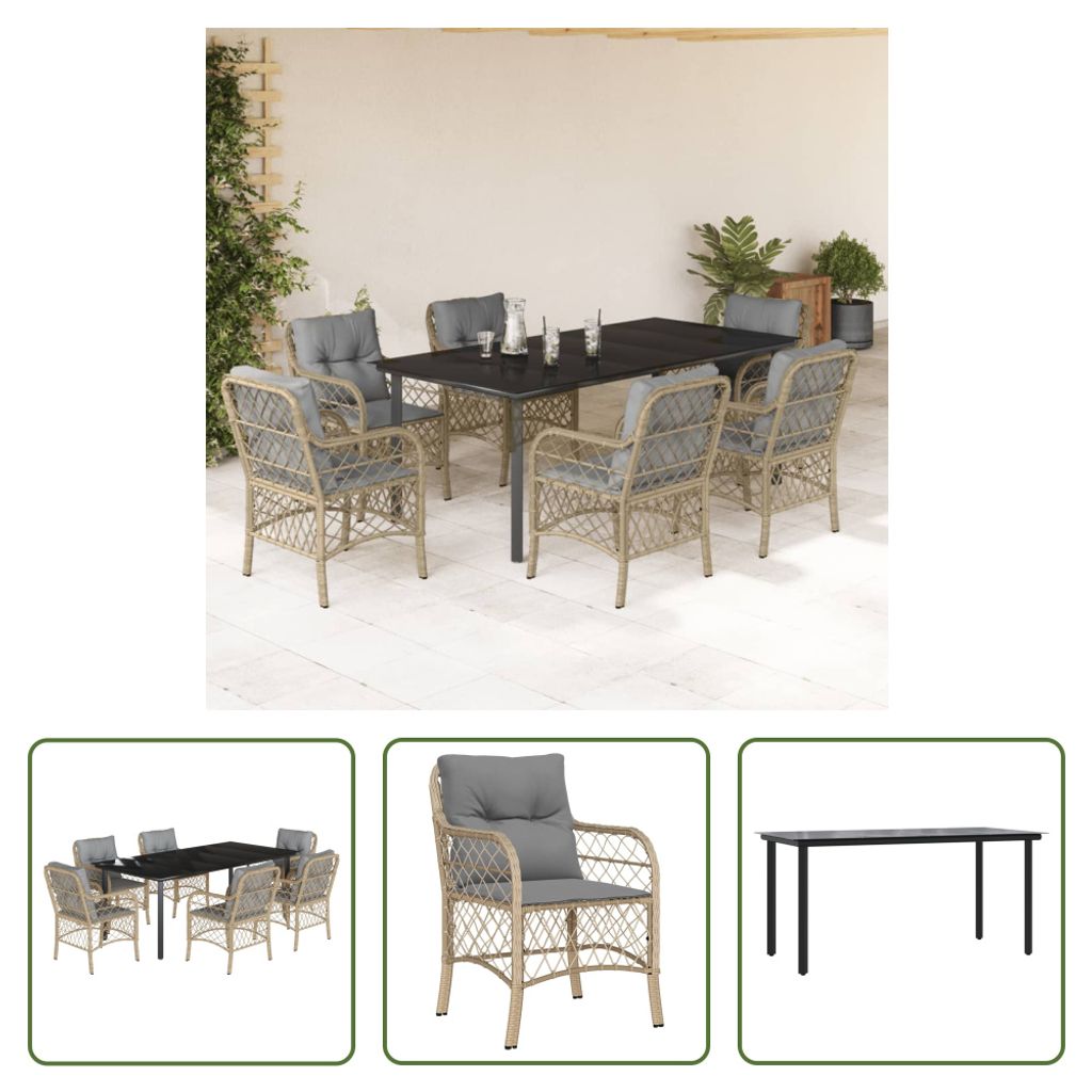 The Living Store 7-tlg. Garten-Essgruppe mit Kissen Beigemischung Poly Rattan