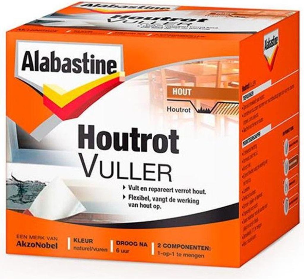 Alabastine Houtrotvuller, 0,5 kg, 10 °C, 6 h, 6 h, Horizontale delen max. 5 cm per laag, verticale delen max. 2 cm per laag, Spachtel