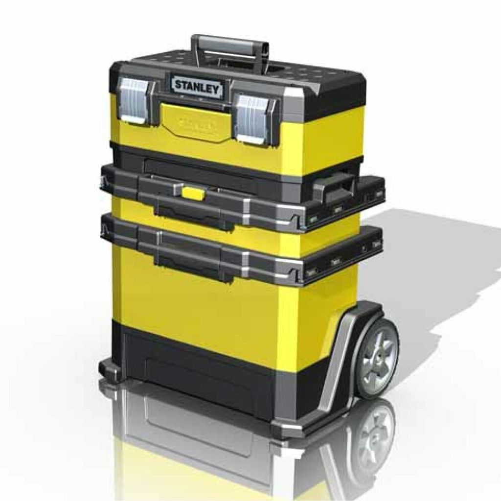 A 3D rendering of a rolling tool chest on a white background.