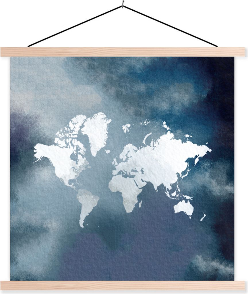 MuchoWow Textilposter Weltkarte - Aquarell - Blau 120x120 cm mit holzfarbenen Rahmen - Textil-Poster