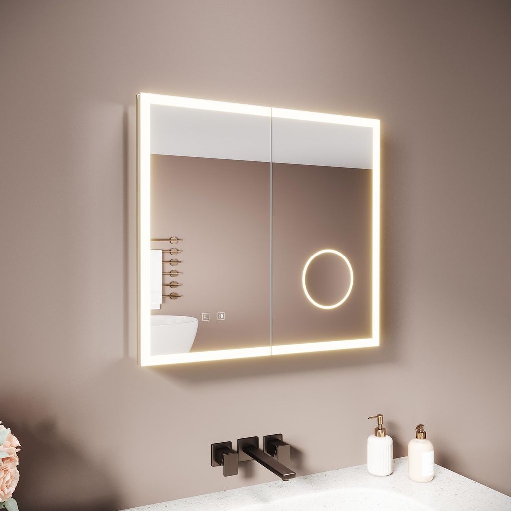 Sonni Aluminium-Spiegelschrank mit Doppeltür 65 x 60 x 12,5 cm, hellsilber mit Vergrößerungsspiegel Power-Off-Memory-Funktion