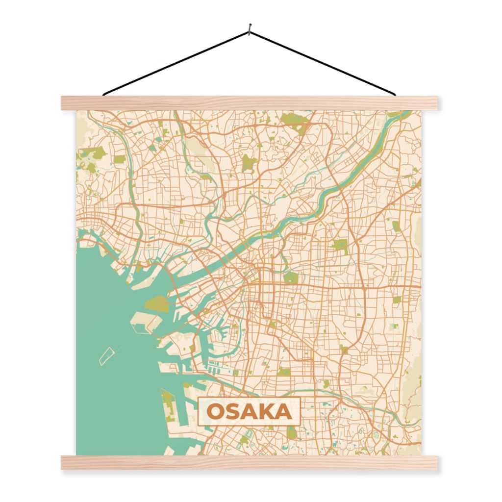 MuchoWow Textilposter Karte - Osaka - Stadtplan - Vintage - Karte 40x40 cm mit holzfarbenen Rahmen - Posterleiste