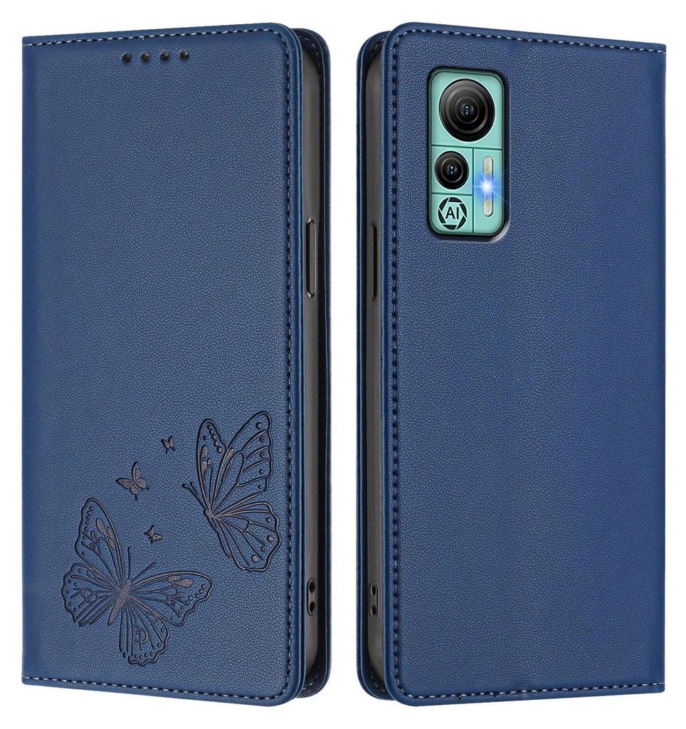 Lederhülle für Ulefone Note 14, Schmetterling Prägung Leder Brieftasche Schutzhülle mit Ständer Dunkelblau