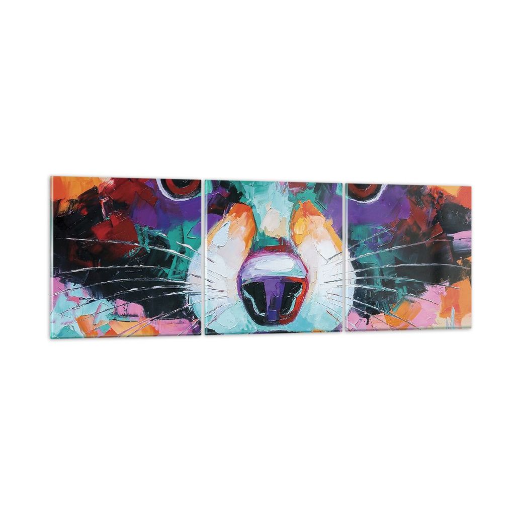 Bilder auf glas - 3 Teile - Waschbär Bunt Öl - 90x30cm - Glasbilder - Wandbilder - Bilder - zum Aufhängen bereit - Wanddekoration aus Glas - Gla...