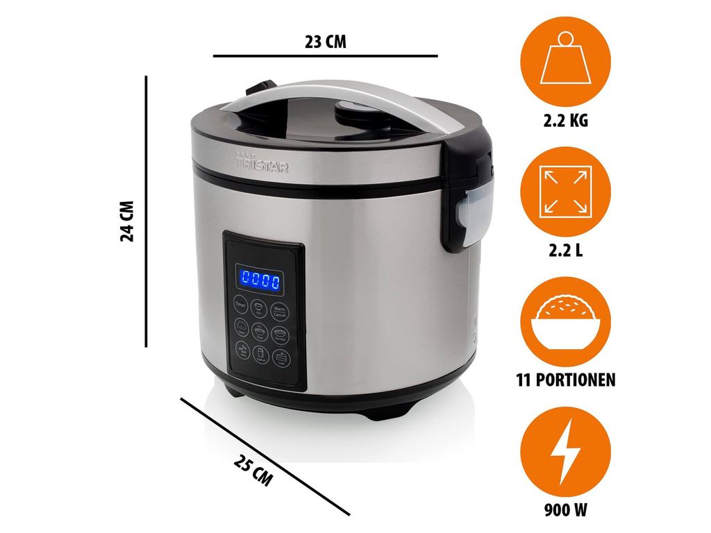 A digital rice cooker and steamer with dimensions and feature icons.