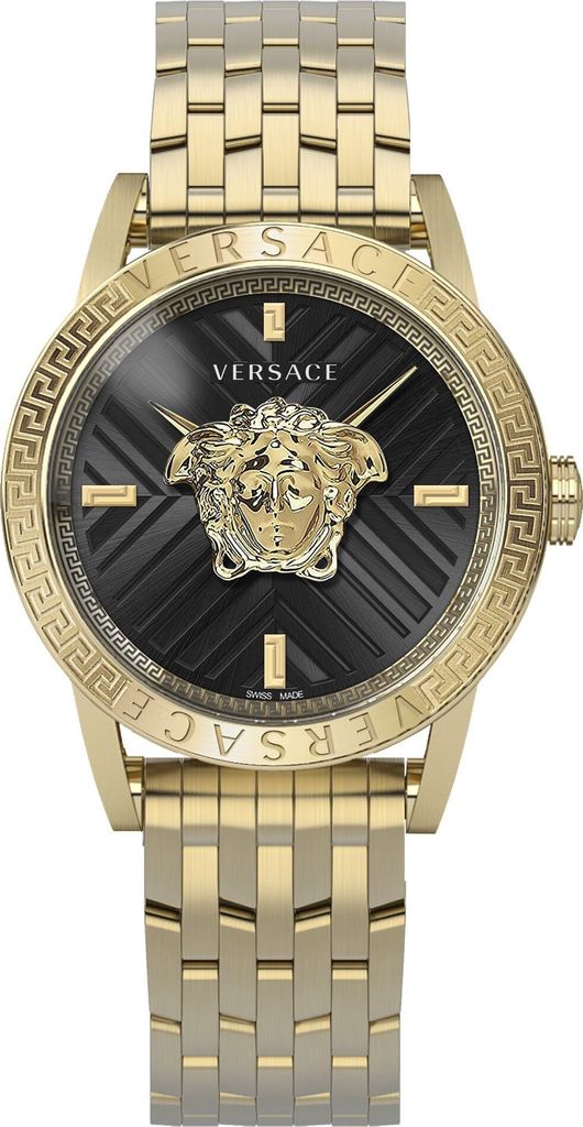 A close-up studio shot of a gold Versace watch with a black dial.