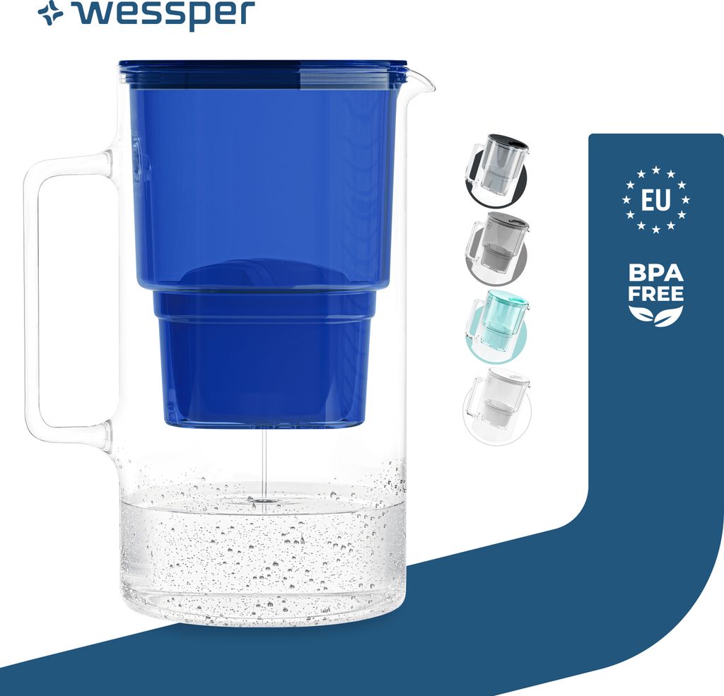 Wessper Wasserfilterkanne aus Glas 3 L Kompatibel mit Brita-Wasserfilterkartuschen, Inklusive 1 Wasserfilter-Kartusche, Blau