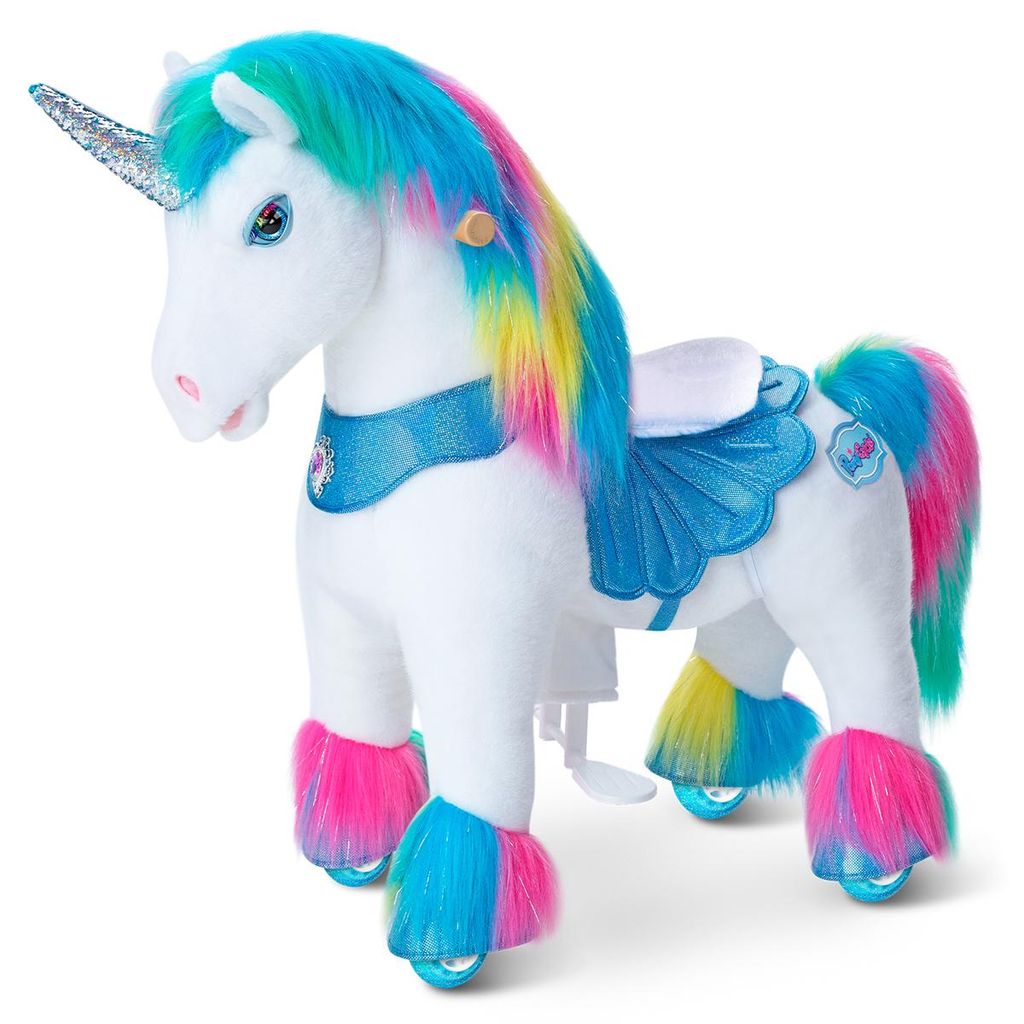PonyCycle Modell Y Plüsch Reit-Einhorn Spielzeug für Kinder 3-4, Regenbogen Einhorn auf Rädern mit Geräuschen und Bremse – Y354
