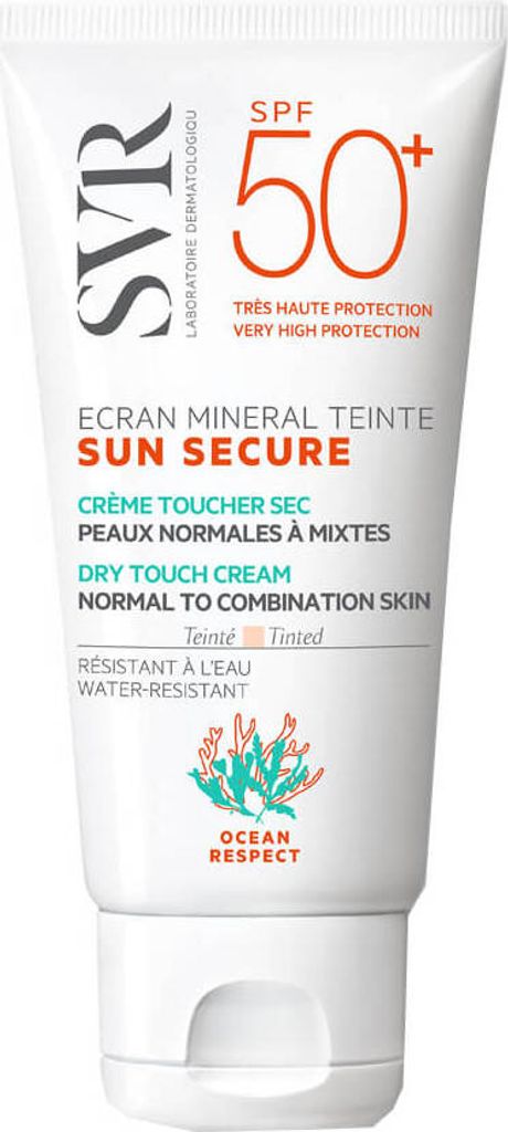 A white tube of sunscreen with product information and branding.