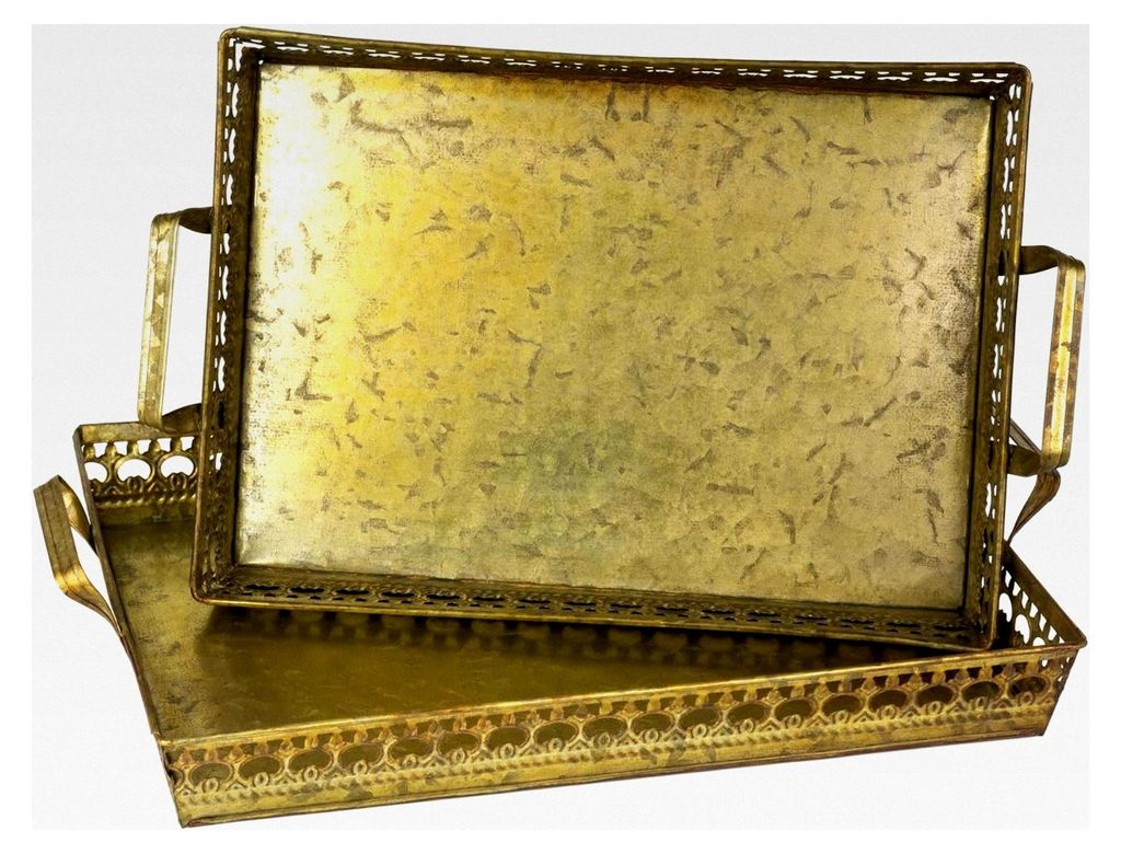 2er Set rechteckige Dekotabletts aus Metall in Antik-Gold mit Griffen - Serviertablett im Vintage-Stil 45×28,5×9 cm & 41×25×9 cm