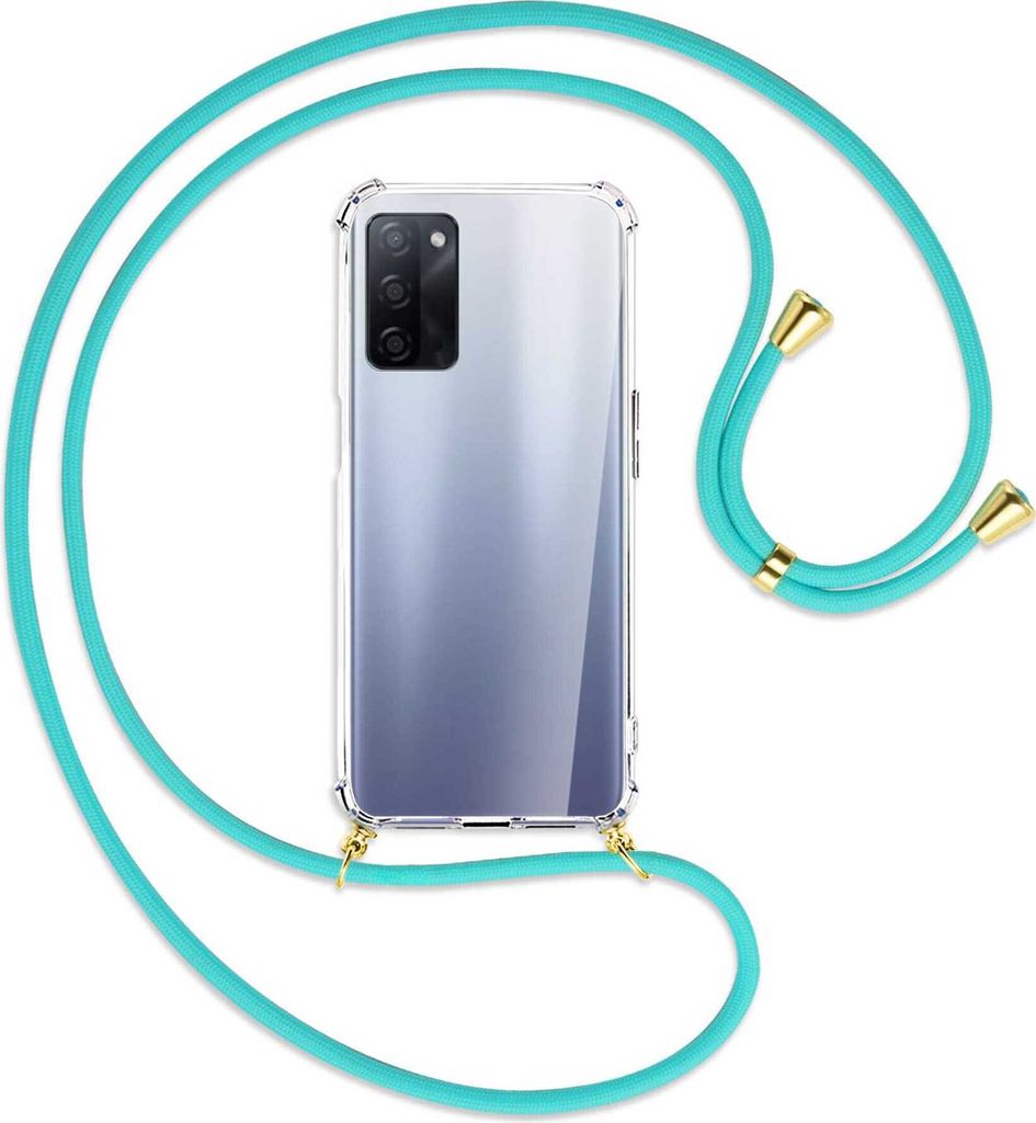 Handykette Backcover-Schutzhülle mit Band (Metall goldfarben) für Oppo A55 5G (PEMM00, PEMT00) - türkis