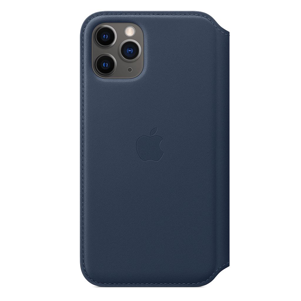 A dark blue leather iPhone case with the Apple logo embossed on it.