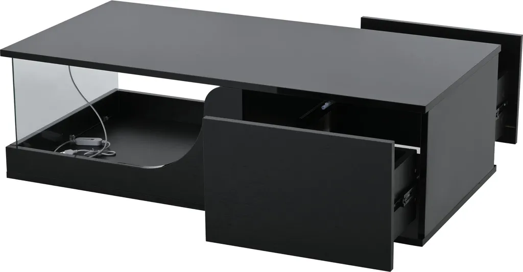 Table basse LED noire avec 2 tiroirs de rangement et finition laquée