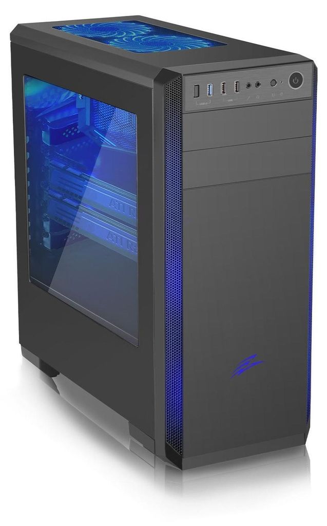 A black computer tower with blue LED lighting.