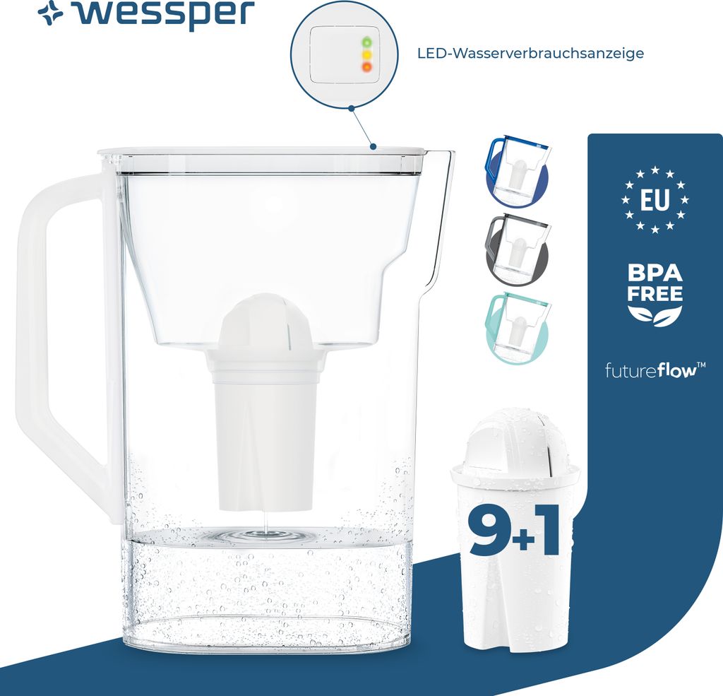 Wessper Wasserfilterkanne 2.7 L Kompatibel mit Brita Classic Kühlschranktür mit manueller Filterverschleißanzeige, 10 Wasserfilter AQUACLASSIC ...