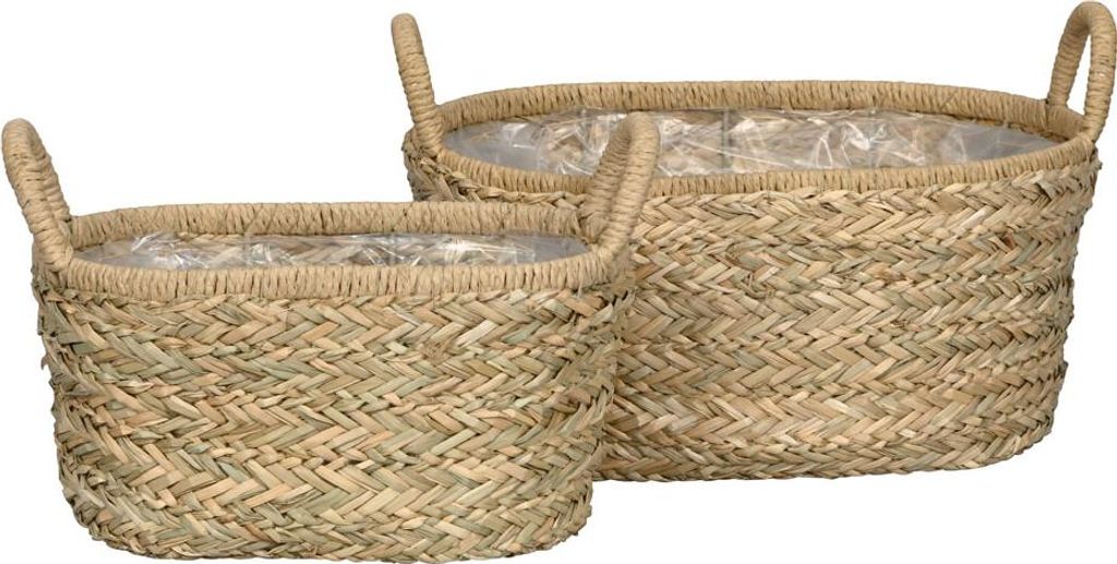 2tlg. Ovale Pflanzschale BALI natur aus Gras geflochten Pflanzkorb Boho (2 Größen)