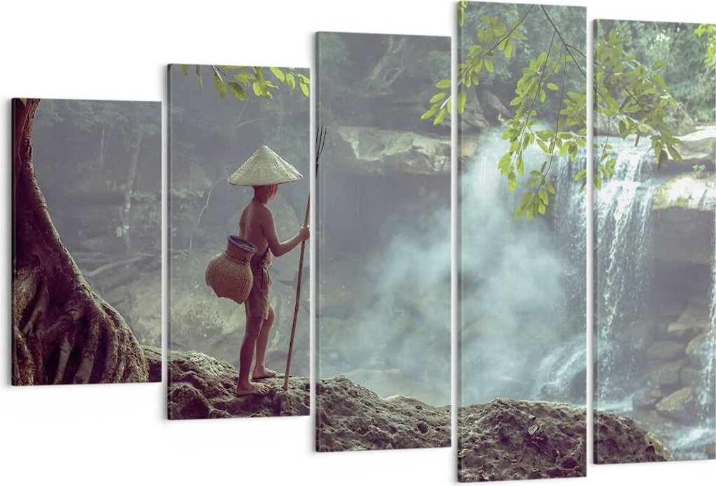 Bild auf Leinwand - Leinwandbild - 5 Teile - Asien Junge Wasserfall - 150x100cm - Wand Bild - Wanddeko - Wandbilder - Leinwanddruck - Bilder - Wand...