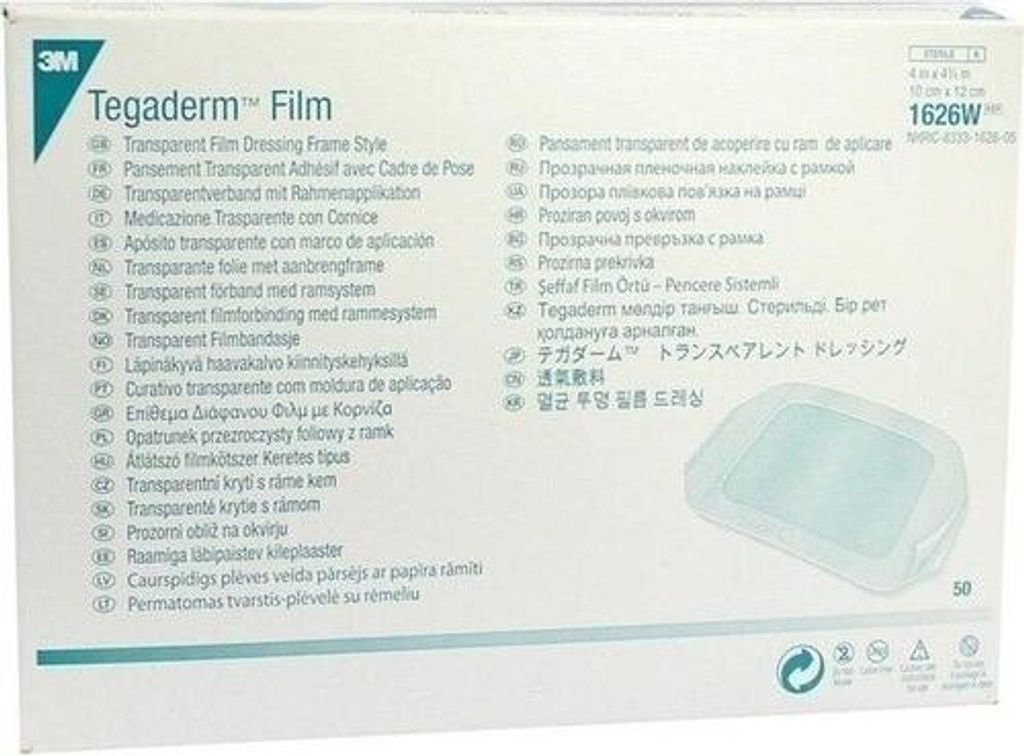The image shows the retail packaging for Tegaderm Film transparent dressings.