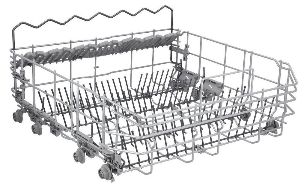 A dishwasher basket is shown from an angled side view against a white background.