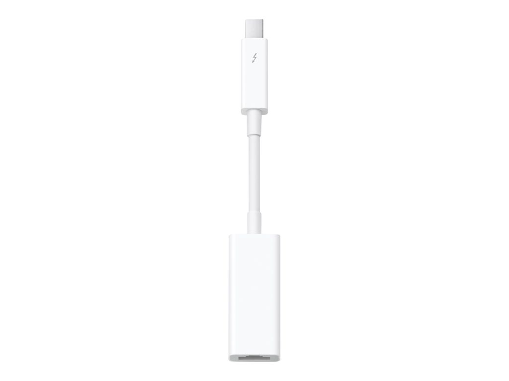 A white Apple Thunderbolt to Gigabit Ethernet adapter is shown against a white background.