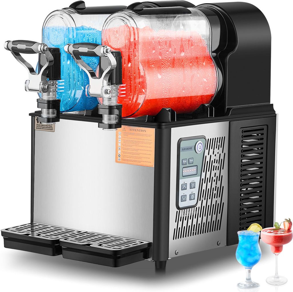 A dual-tank slushy machine filled with blue and red frozen drinks.