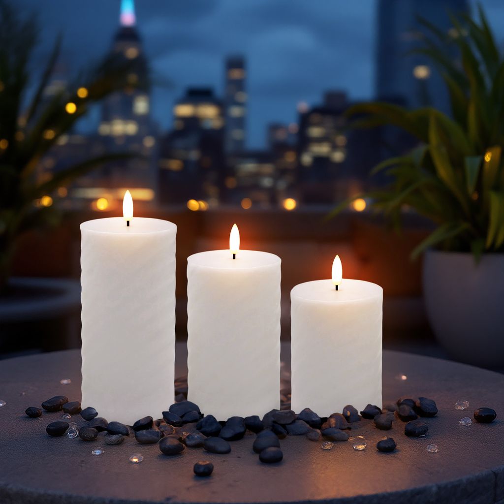 1.09 Outdoor LED Kerzen 3er Set mit 3D Flamme und Timer - ca. 10 / 12,5 / 15 cm x Ø 7,5 cm - Batterie Kerze Außen