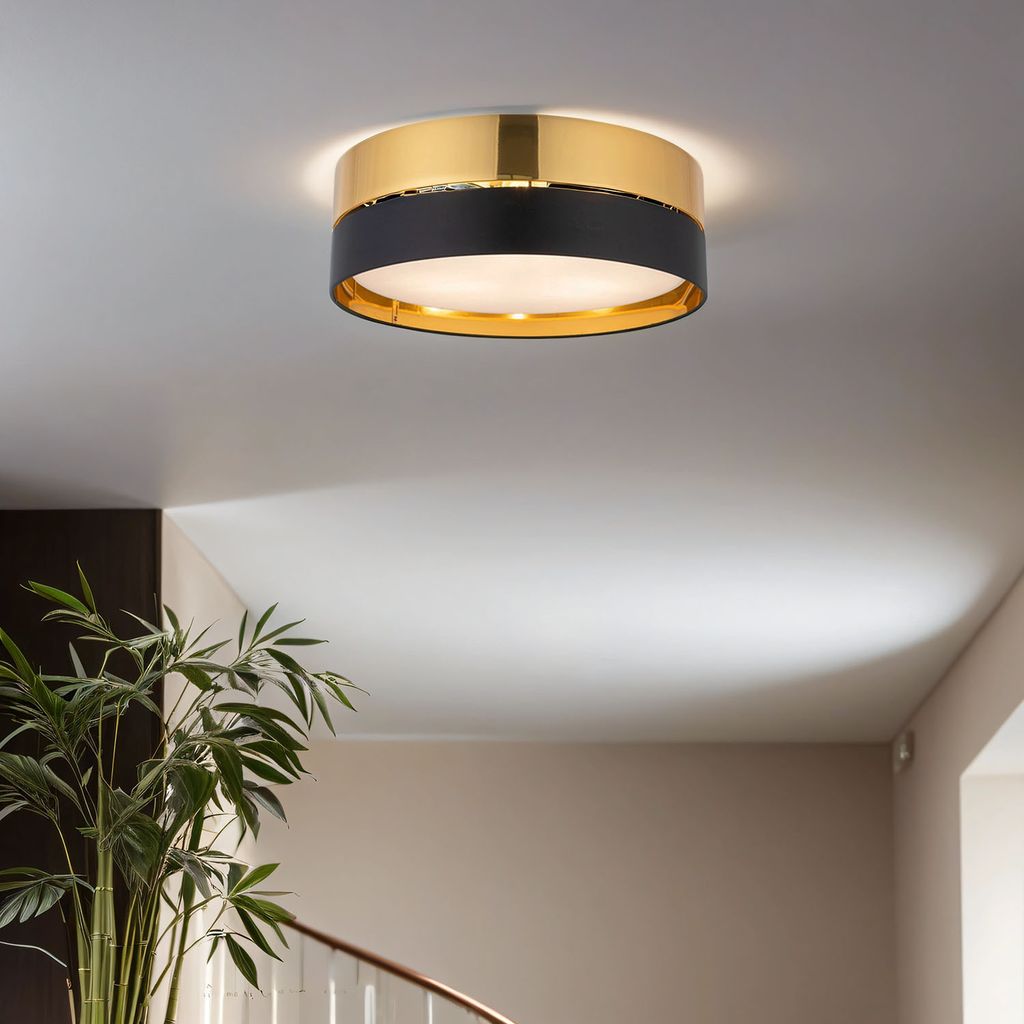 Deckenleuchte Metall Stoff rund Ø 45 cm Schwarz Gold blendarm 3x E27 Deckenlampe Wohnzimmer Schlafzimmer
