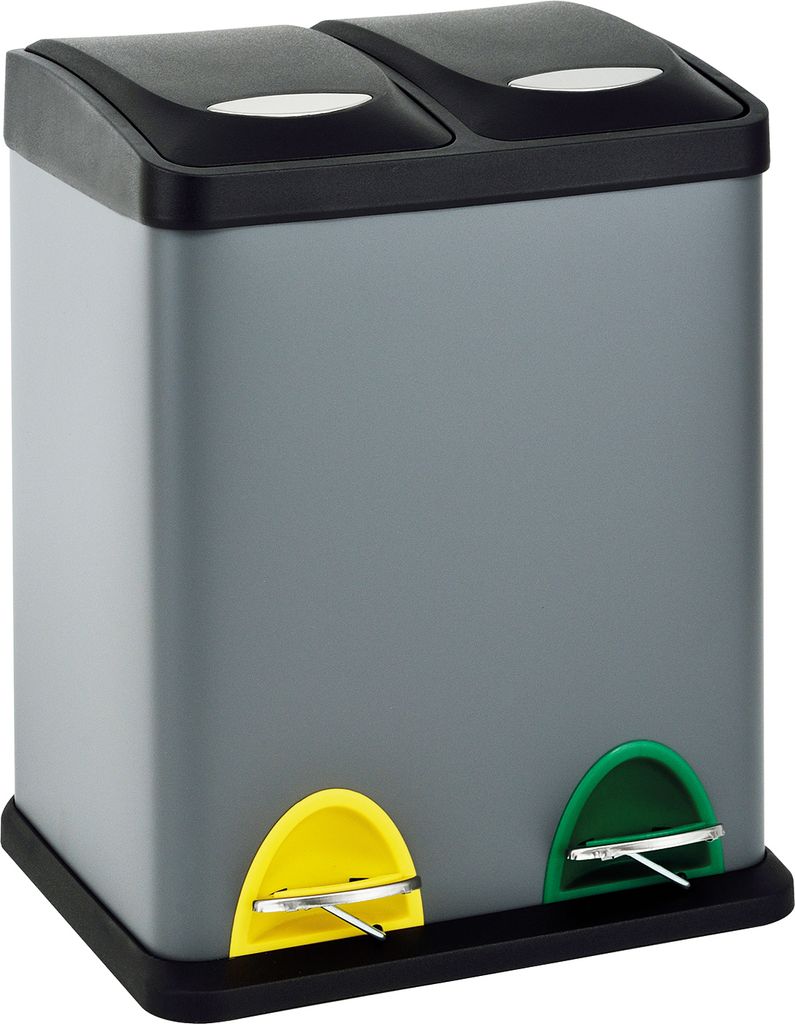 A gray dual-compartment trash can with yellow and green pedal bins.