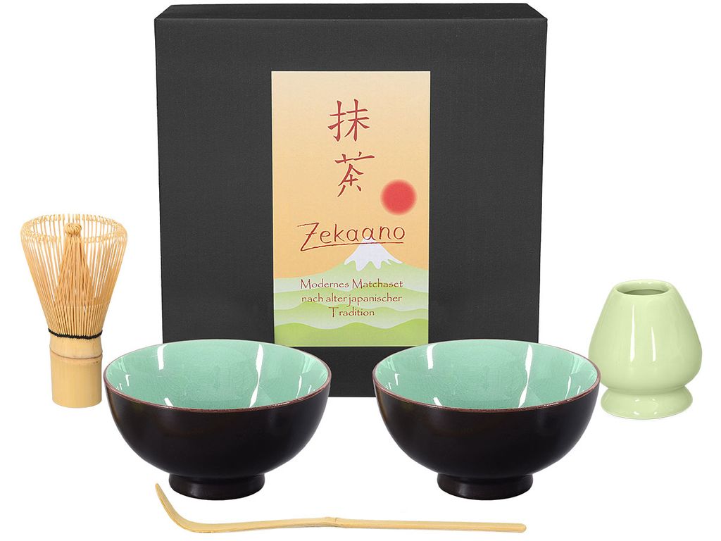 Matcha Set / Matchaset / 2x Matcha Schale 250ml, moosgrün mit Besen/Löffel/Halter in Geschenkbox