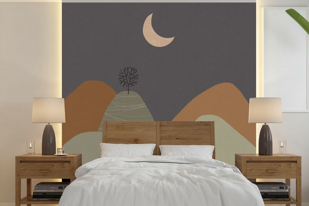 MuchoWow Fototapete für Wohnzimmer oder Schlafzimmer Wandtapete Vinyl Motivtapete Berg - Baum - Mond - Pastell - 240x240 cm - Schlafzimmer-Tapete