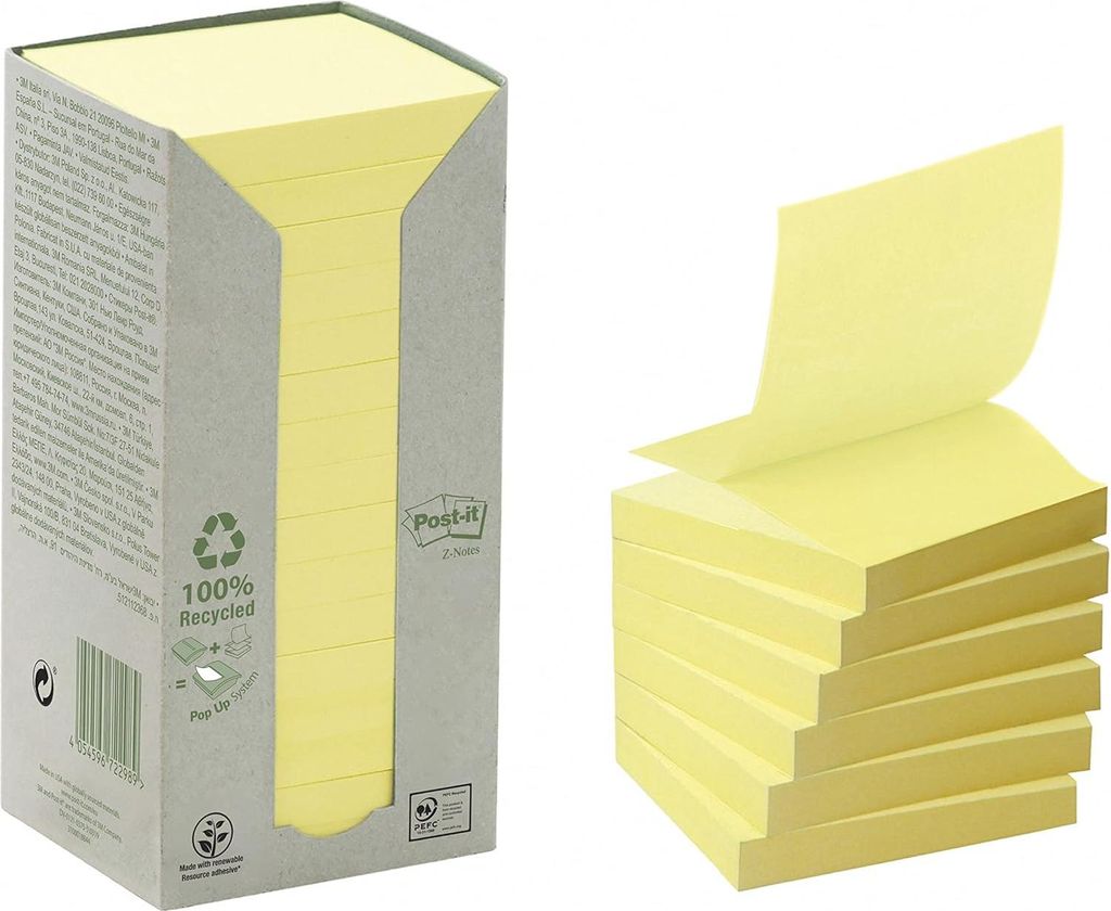 Selbstklebende Notizblöcke 100 Blätter à 16 Blöcke Gelb - Recycling Z-Notes Tower 654 (76x76 mm 70 g/m²) Büro Haftnotizen