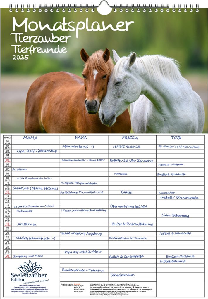 Tierzauber Tierfreunde Planer Wandplaner Familienplaner 4 Spaltenplaner DIN A3 Kalender für 2025 Tiere und ihre Freundschaften - Seelenzauber
