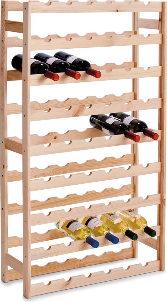 A wooden wine rack filled with wine bottles.
