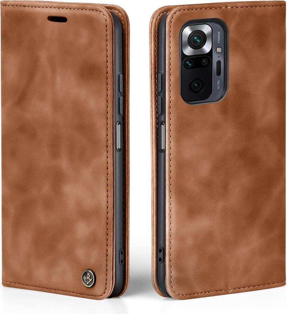 A brown leather flip case for a smartphone is shown from two angles.