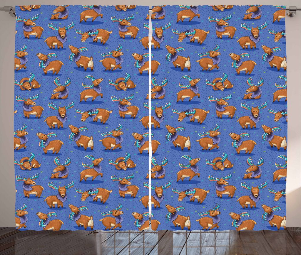 ABAKUHAUS Elch Rustikaler Vorhang, Lustige Cartoon-Maskottchen, Wohnzimmer Universalband Gardinen mit Schlaufen und Haken, 280 x 175 cm, Mehrfarbig