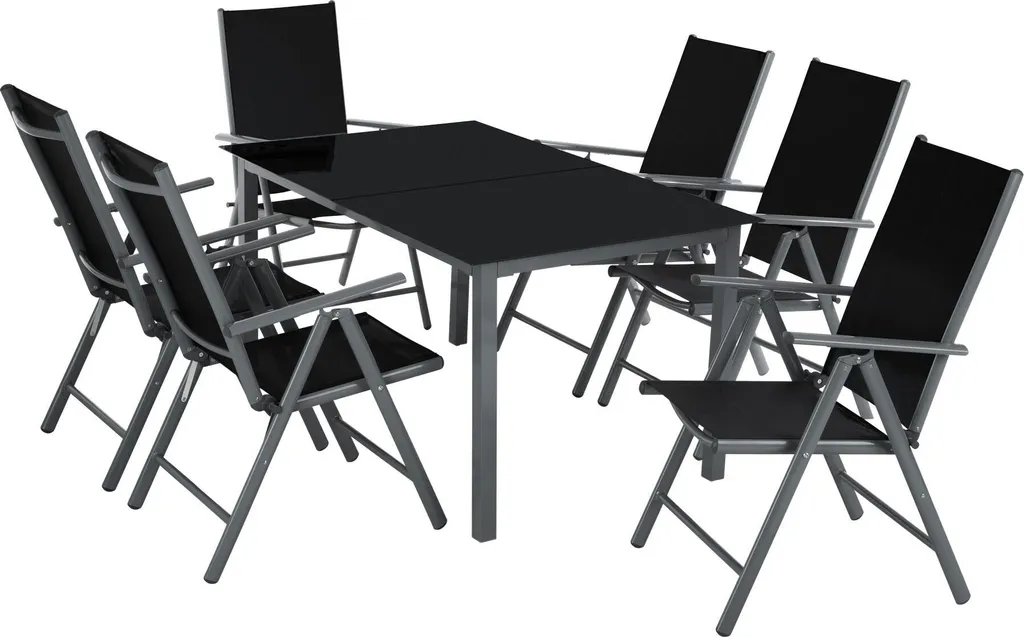 Salon de jardin 6 places en alu anthracite avec chaises empilables - Pack 6+1