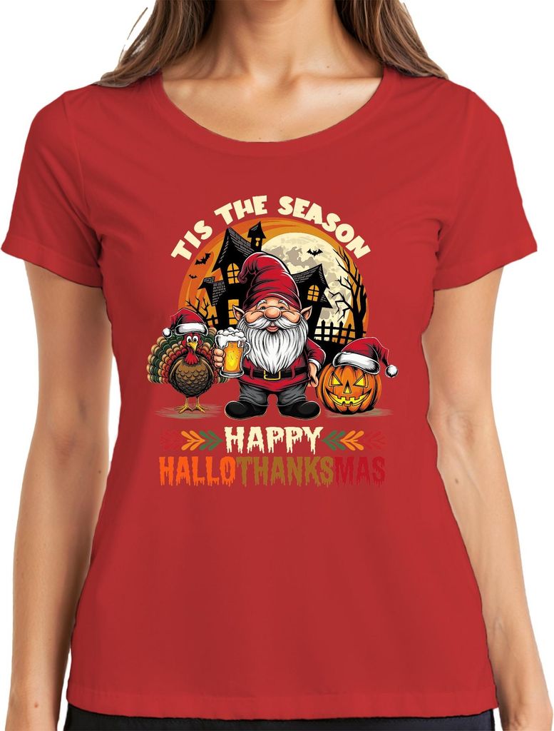Happy Hallothanksmas Gnome Turkey Jack O Lantern Haunted Pumpkin Damen T-Shirt, Rot, XXL