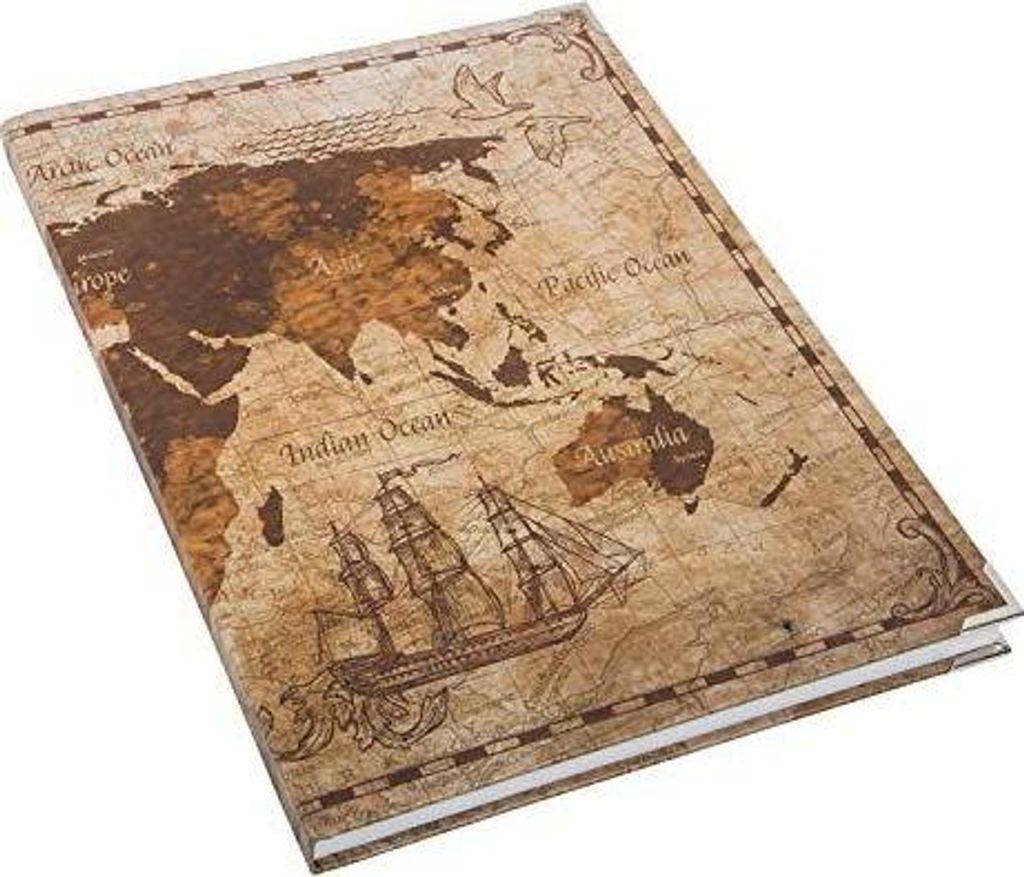 DIN A4 Notizbuch vintage mit Weltkarten-Motiv braunMit Metallecken