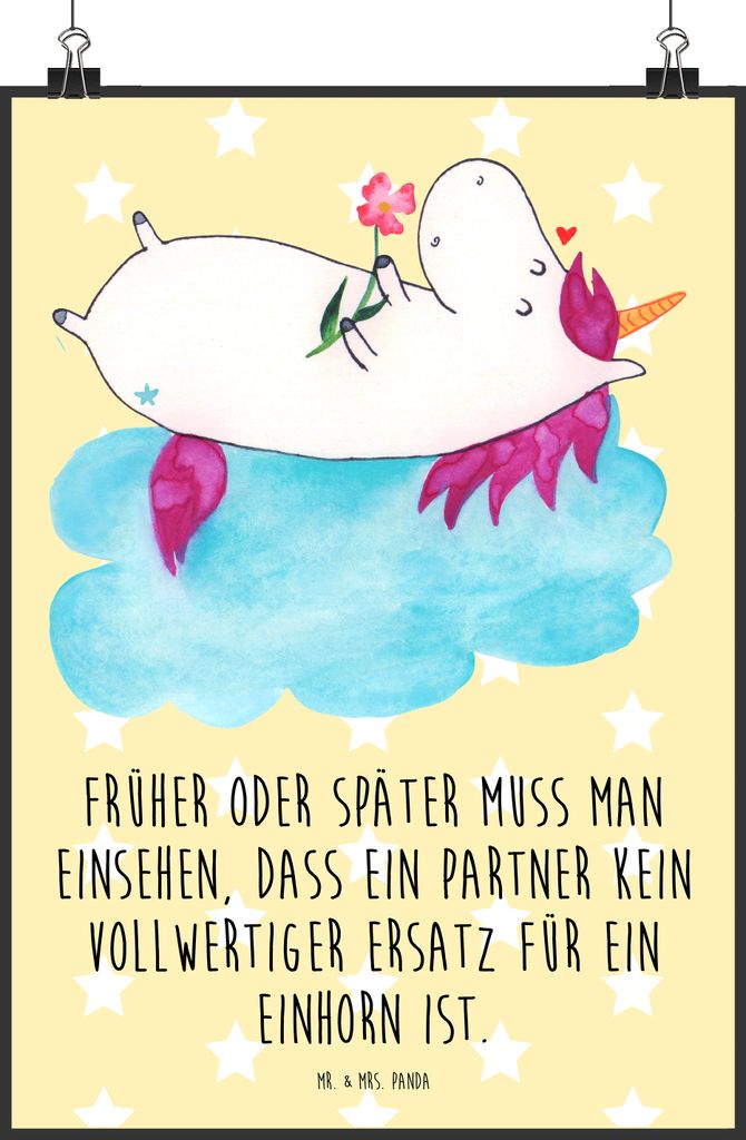 Mr. & Mrs. Panda Bild Einhorn Verliebt DIN A2 - Gelb Pastell - Geschenk, wanddeko, Einhörner, drucke, Wanddekoration, Plakat, Freundin, Liebe, Uni...